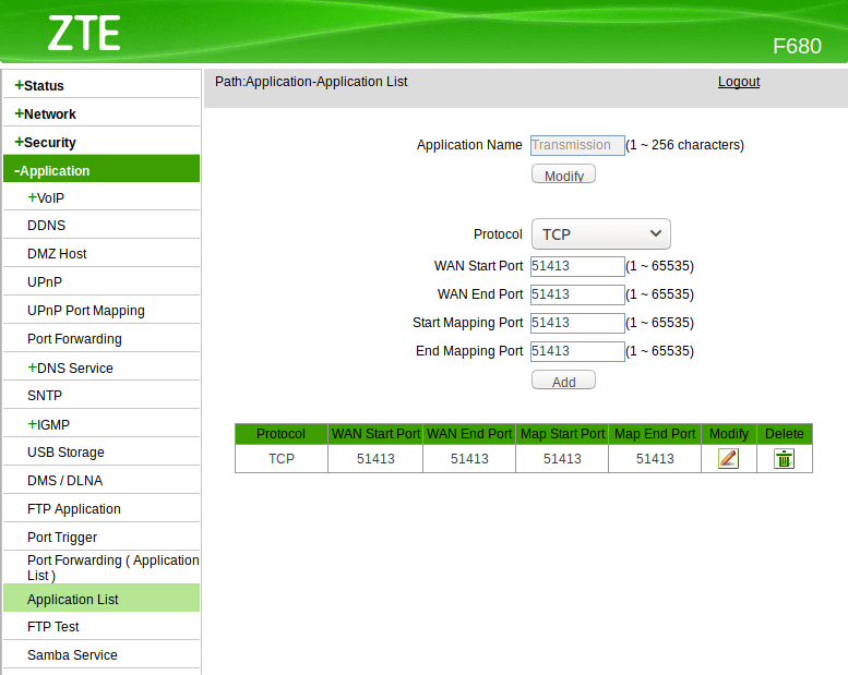 Configura puerto de Transmission en ZTE