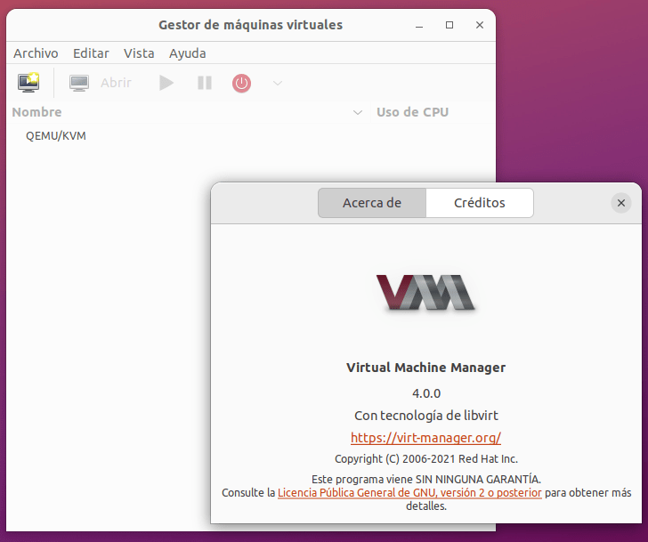 Interfaz gráfica del Gestor de máquinas virtuales Virtual Machine Manager, mostrando información sobre QEMU/KVM y una versión del software.